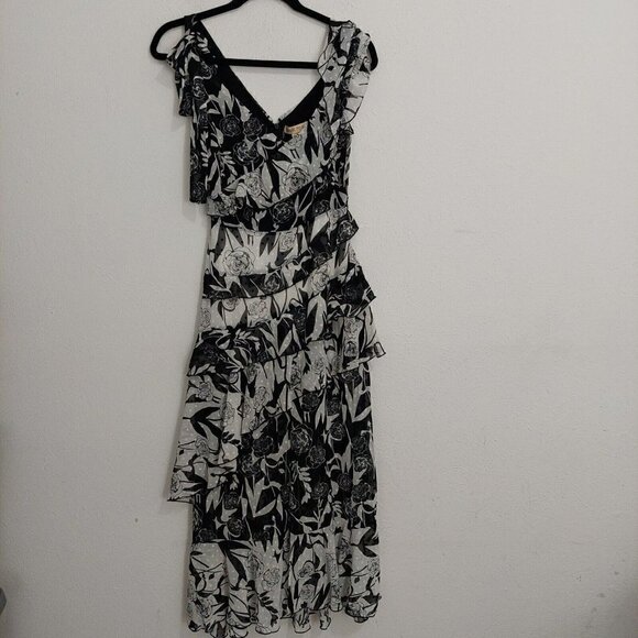 Dark Pink Deconstructed Midi Tea Dress Black White Layered Ruffled Sz US 2 /UK 6 - Picture 3 of 12